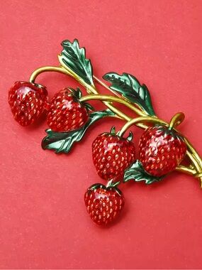 Red Strawberry Branch Enamel Brooch